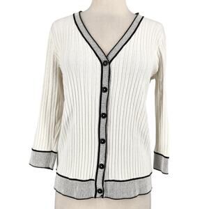 SALE Liz Claiborne Ribbed Button Front Cardigan Sweater w Contrasting Stripes